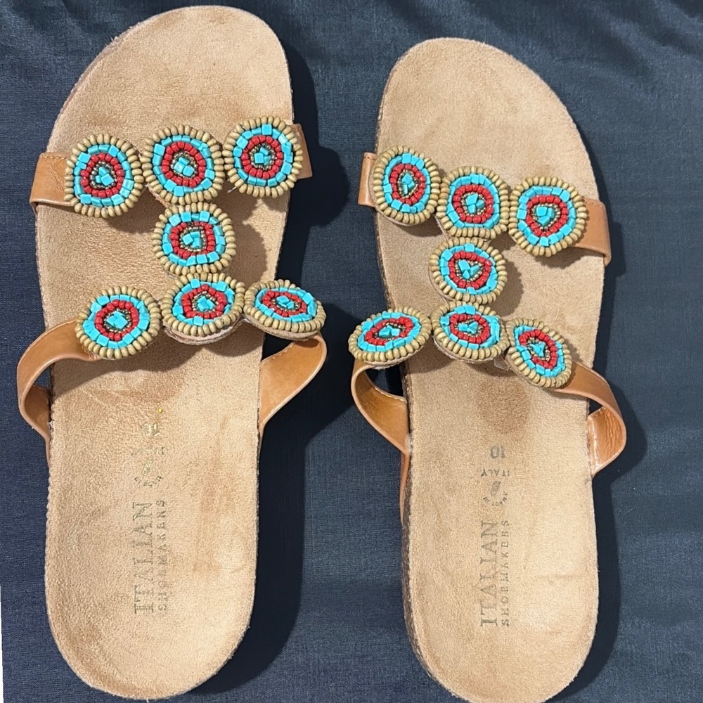 Italian Shoemakers Beaded Slide Sandals Tan Leather Turquoise Red Boho Size 10